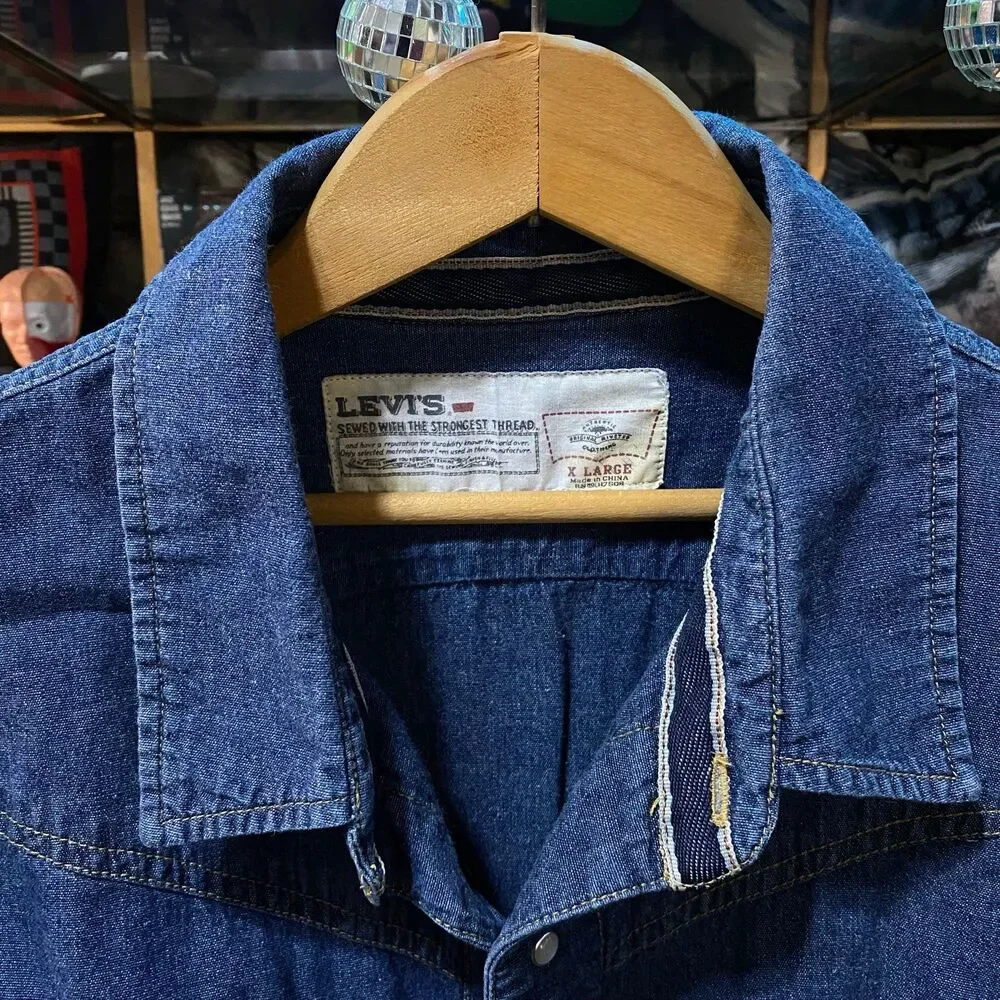 Levi's Denim Western Pearl Snap Shirt Mens X-Large Blue Workwear XL Red Snap